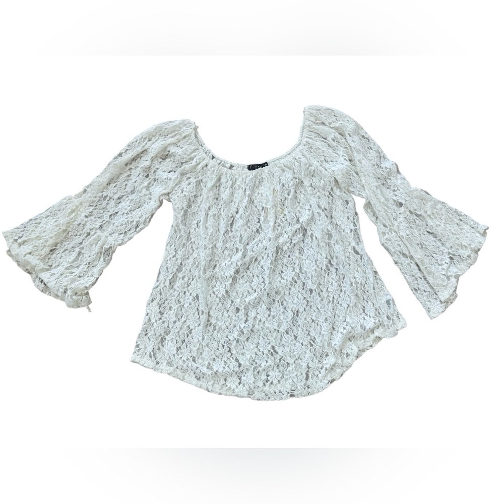 T Party - White Lace Bell Sleeved Off The Shoulder Boho Top - Size XL - Cream